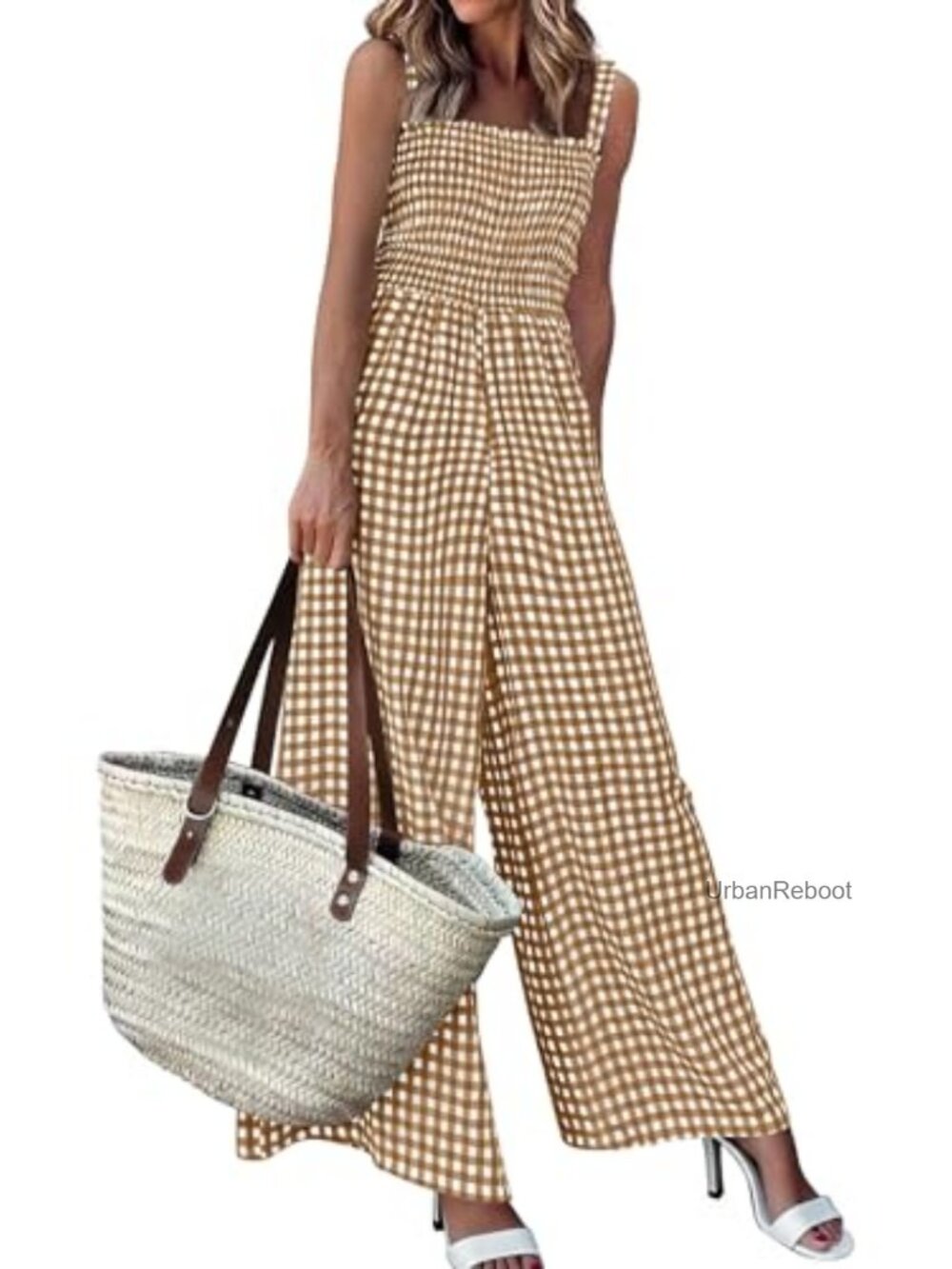 Womens Wide Leg Gingham Jumpsuit Sleeveless Square Neck Smocked Romper